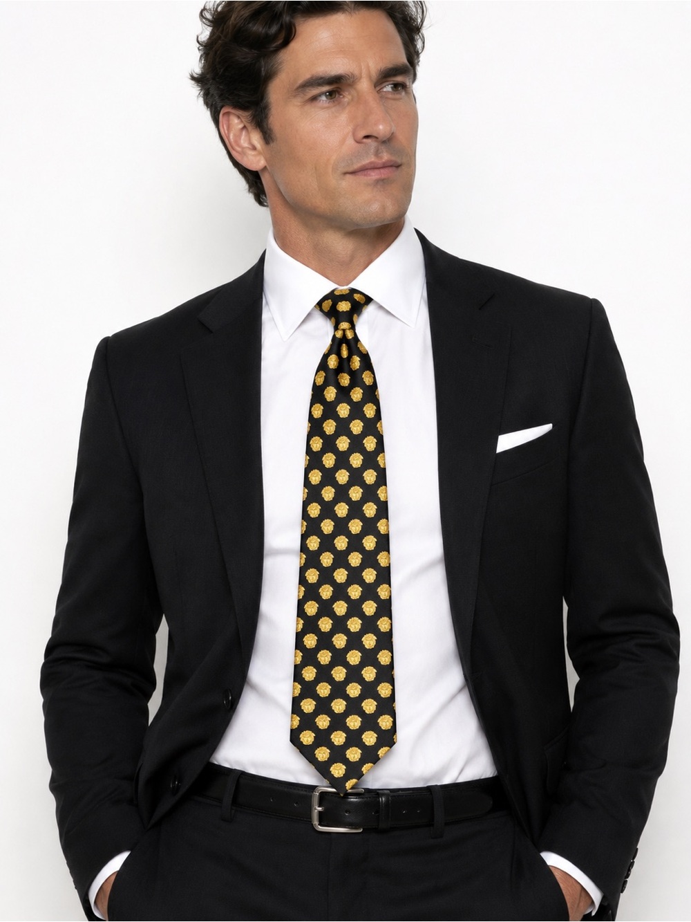 Vintage Gianni Versace 100% Silk Tie Black Gold Medallion Pattern Designer Neckw